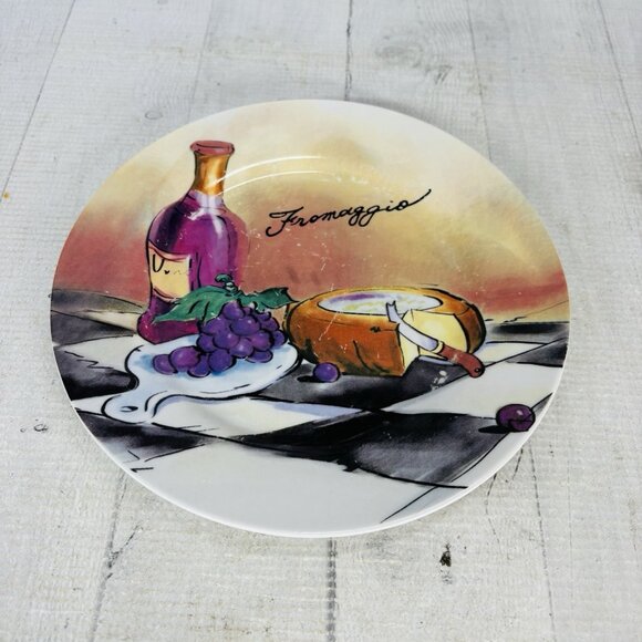 Pacific Island Creations Co Ltd WINE & CHEESE Bottle Fruit Words 8" Plate Set 4 - Picture 2 of 16